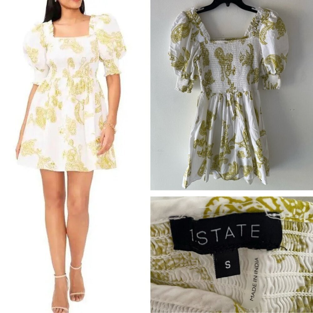 1. State White Green Paisley Print Puff Sleeve Smocked Mini Dress 37722 - Picture 1 of 9